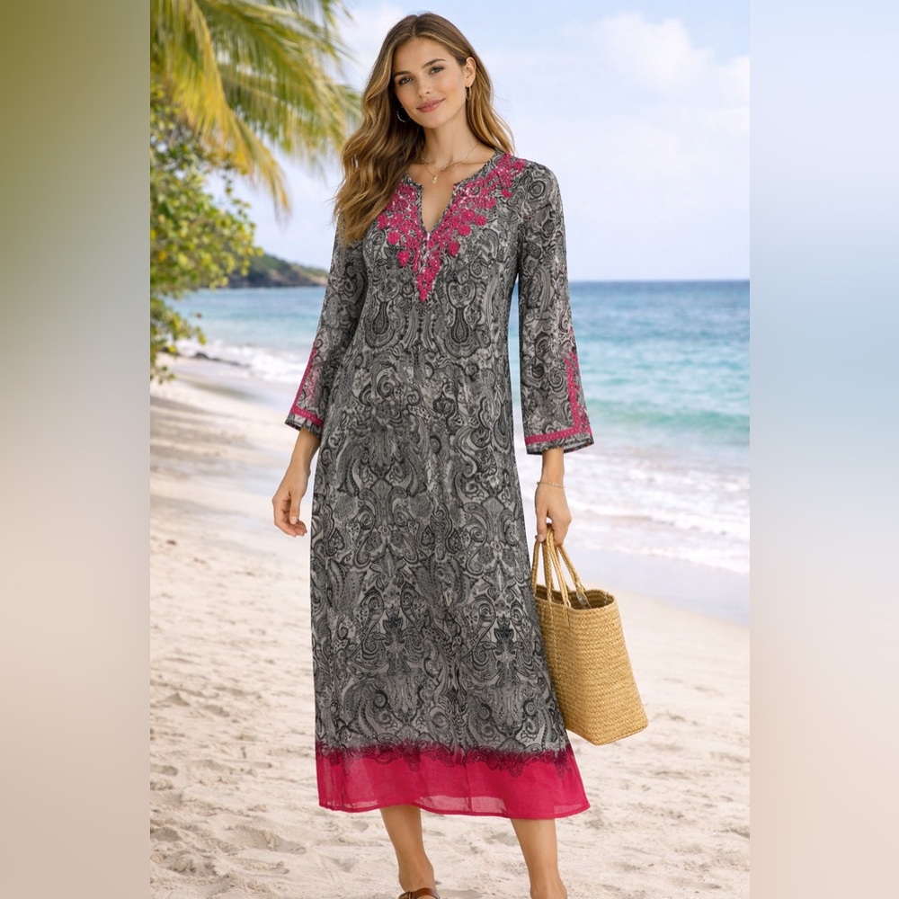 Maxi Length Semi Sheer Embroidered Black & Pink Paisley‎ Tunic Swim Coverup